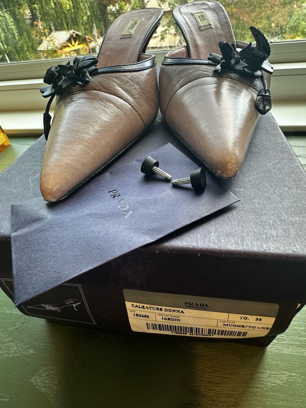 Prada Pink Pointed-Toe Slip-On Mules with Black Floral Trim - Picture 11 of 16